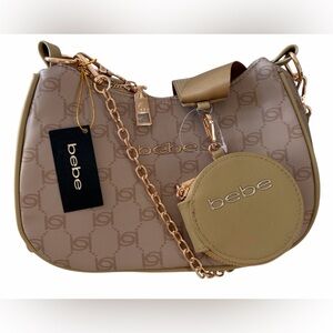 Bebe Mara Creme Crossbody  Bag with Gold Chain and Mini Round Coin Charm
